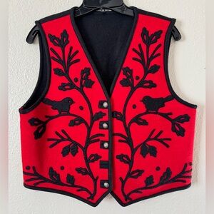 Women’s Vintage Wool Blend Felt Folk Art Bird Vine Pattern Lightweight Vest